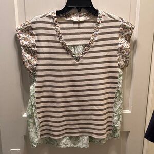 Easel Striped and Floral V-Neck Blouse